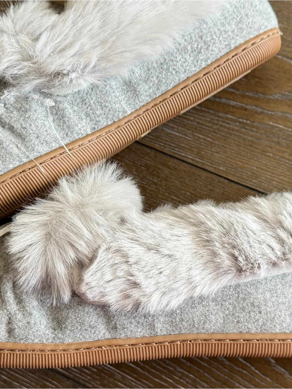 J. Crew Gray Faux-Fur Pom Moccasin Slippers with Tan Sole